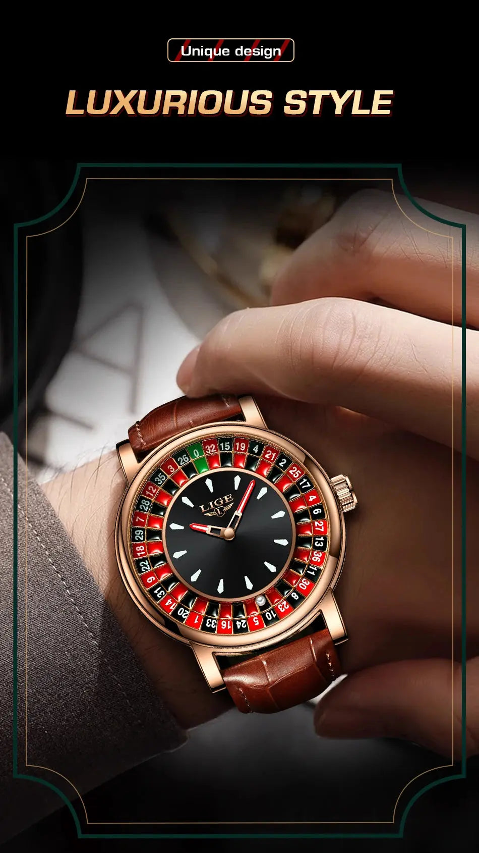 LIGE Fashion Brown Leather Men Watch Rotating Dial Las Vegas Roulette Desktop Theme Watch Men Waterproof Luminous Clock Watches luxecrown.co.uk