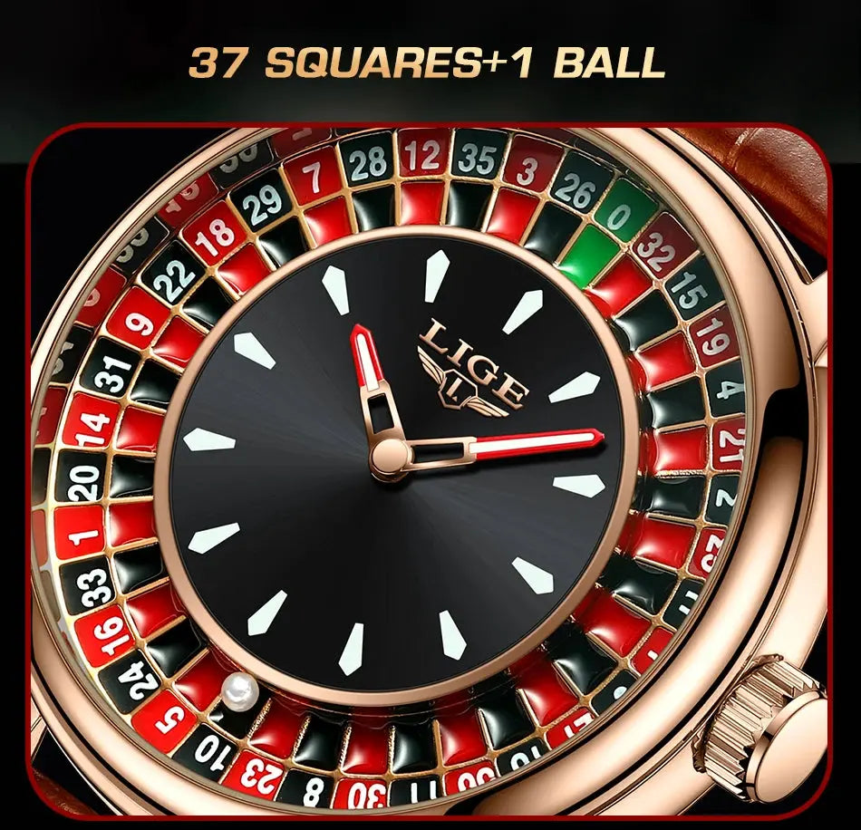 LIGE Fashion Brown Leather Men Watch Rotating Dial Las Vegas Roulette Desktop Theme Watch Men Waterproof Luminous Clock Watches luxecrown.co.uk