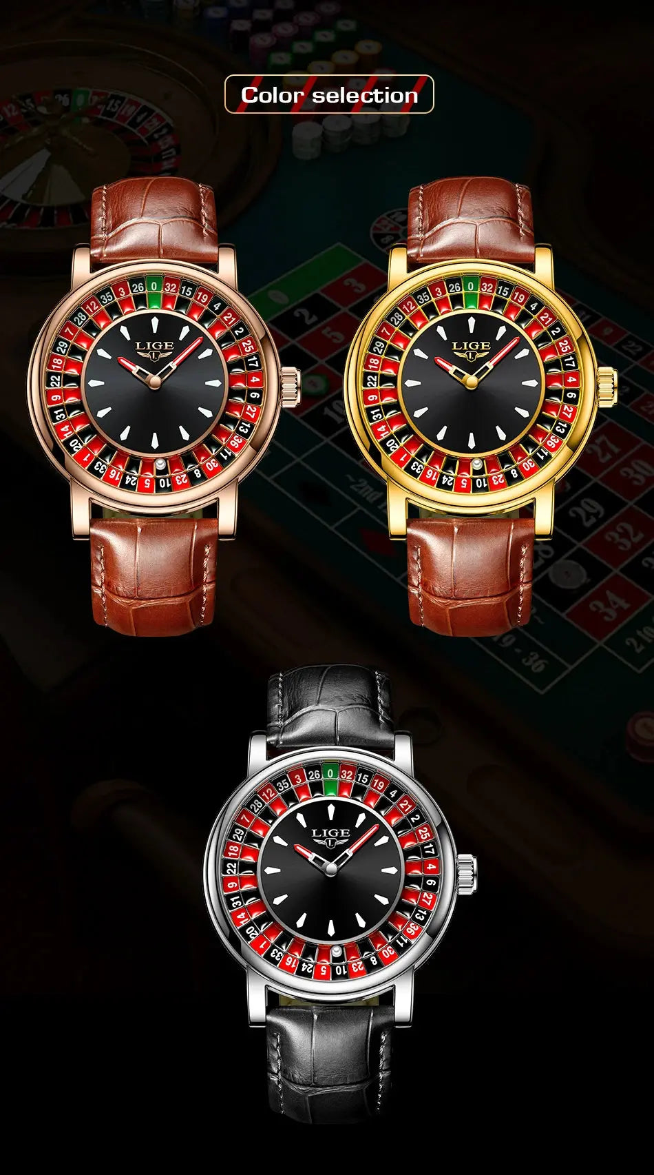 LIGE Fashion Brown Leather Men Watch Rotating Dial Las Vegas Roulette Desktop Theme Watch Men Waterproof Luminous Clock Watches luxecrown.co.uk