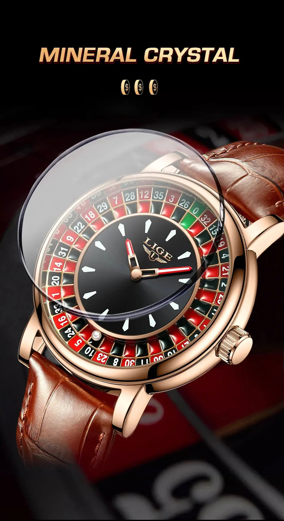 LIGE Fashion Brown Leather Men Watch Rotating Dial Las Vegas Roulette Desktop Theme Watch Men Waterproof Luminous Clock Watches luxecrown.co.uk