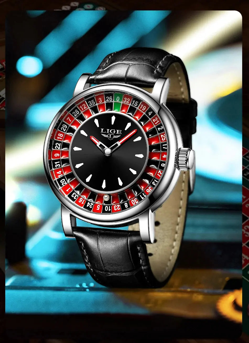 LIGE Fashion Brown Leather Men Watch Rotating Dial Las Vegas Roulette Desktop Theme Watch Men Waterproof Luminous Clock Watches luxecrown.co.uk