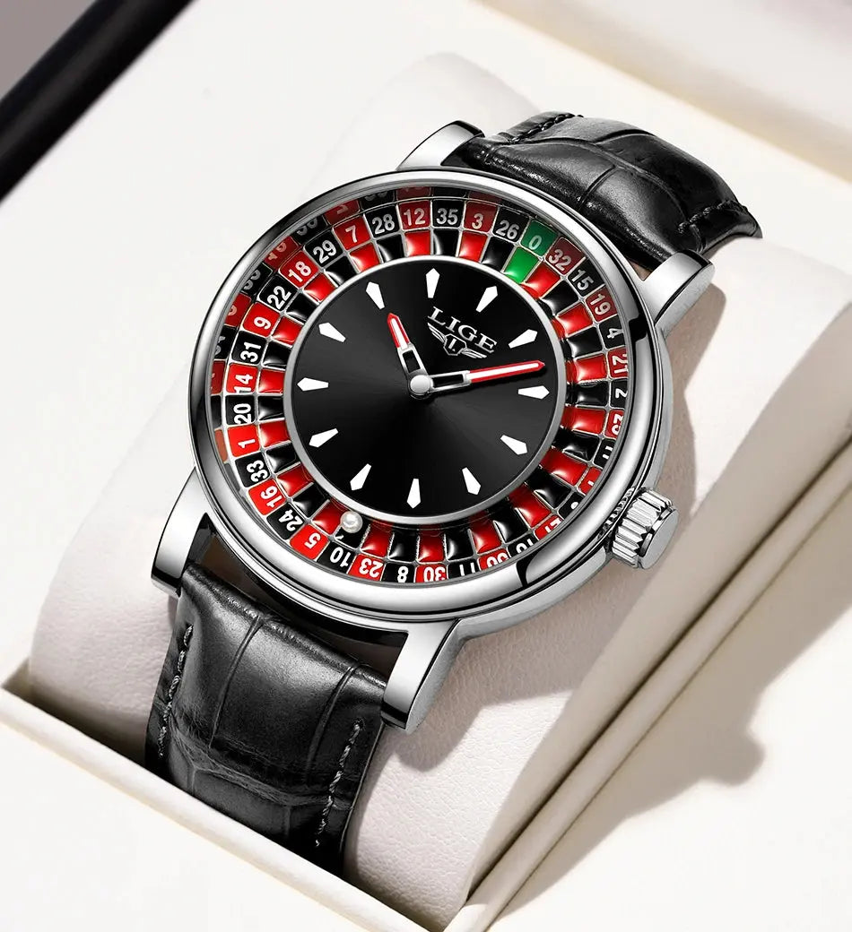 LIGE Fashion Brown Leather Men Watch Rotating Dial Las Vegas Roulette Desktop Theme Watch Men Waterproof Luminous Clock Watches luxecrown.co.uk