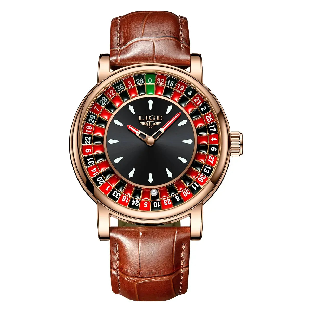 LIGE Fashion Brown Leather Men Watch Rotating Dial Las Vegas Roulette Desktop Theme Watch Men Waterproof Luminous Clock Watches luxecrown.co.uk