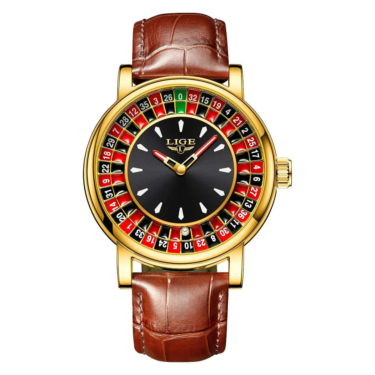 LIGE Fashion Brown Leather Men Watch Rotating Dial Las Vegas Roulette Desktop Theme Watch Men Waterproof Luminous Clock Watches luxecrown.co.uk
