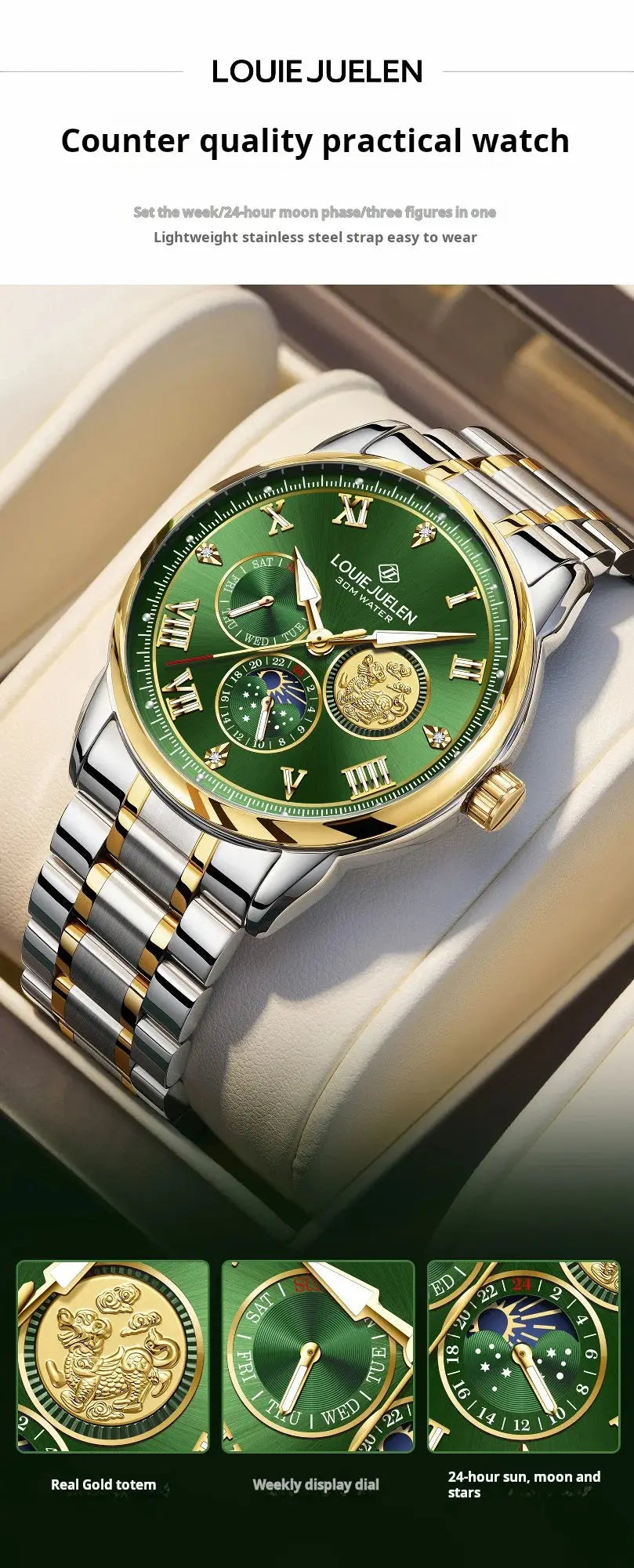 LOUIE JUELEN New Men's Quartz Watch Luminous  Sun Moon and Stars  Men's Wristwatch Gift For Men relojes para hombres luxecrown.co.uk