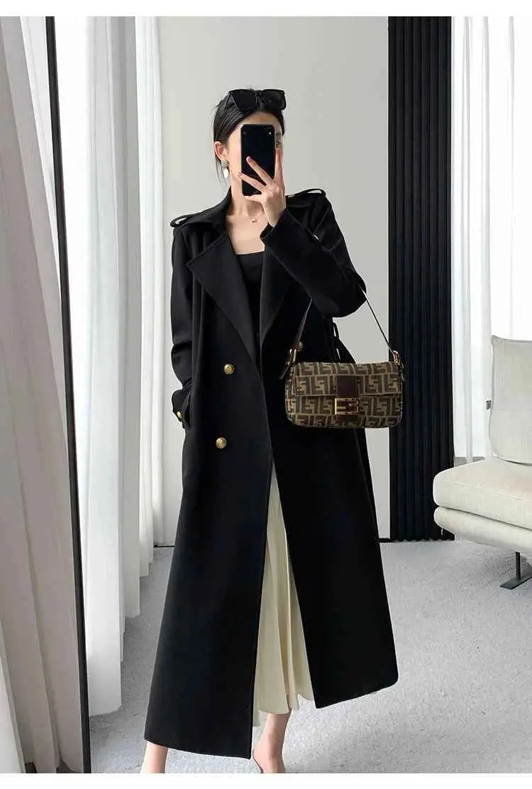 Lautaro Spring Autumn Long Black Trench Coat for Women Gold Buttons Double Breasted Elegant Chic Luxury Designer Clothes 2025