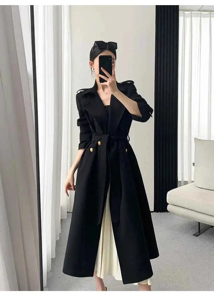 Lautaro Spring Autumn Long Black Trench Coat for Women Gold Buttons Double Breasted Elegant Chic Luxury Designer Clothes 2025