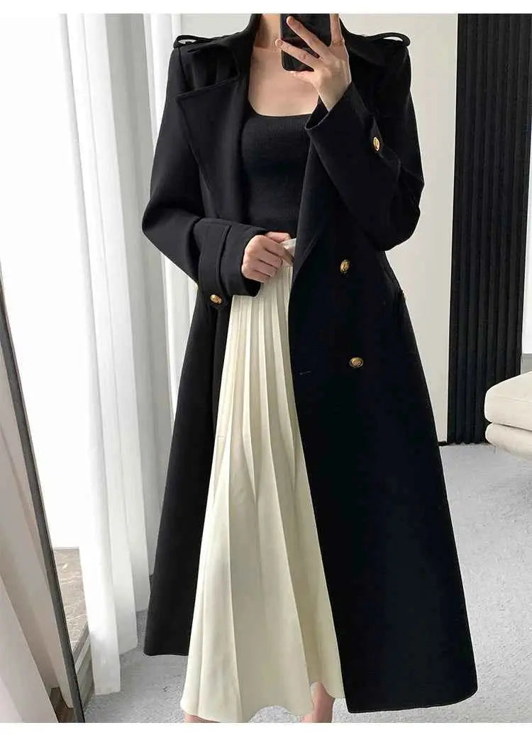 Lautaro Spring Autumn Long Black Trench Coat for Women Gold Buttons Double Breasted Elegant Chic Luxury Designer Clothes 2025