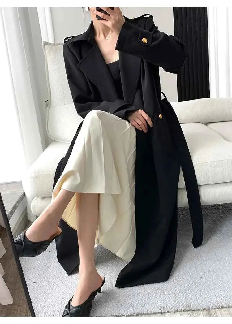 Lautaro Spring Autumn Long Black Trench Coat for Women Gold Buttons Double Breasted Elegant Chic Luxury Designer Clothes 2025