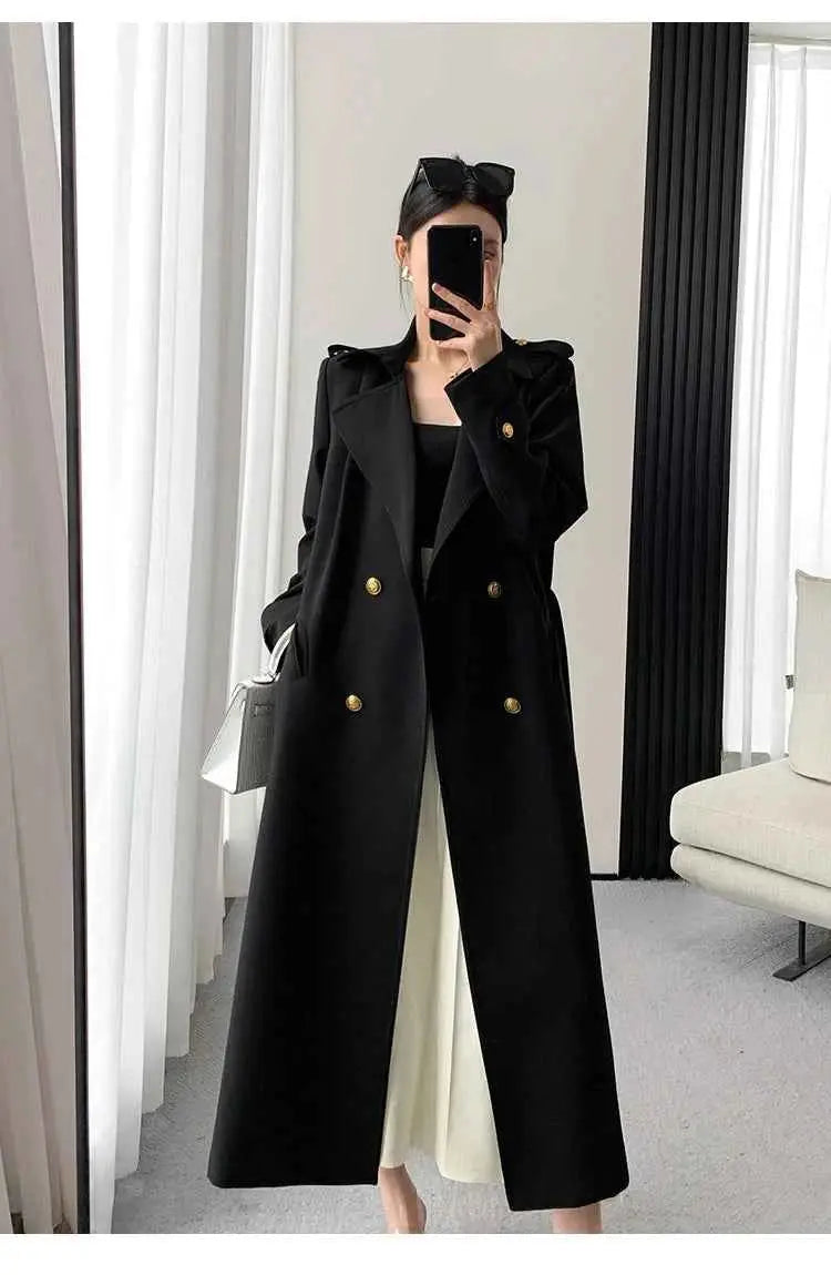 Lautaro Spring Autumn Long Black Trench Coat for Women Gold Buttons Double Breasted Elegant Chic Luxury Designer Clothes 2025