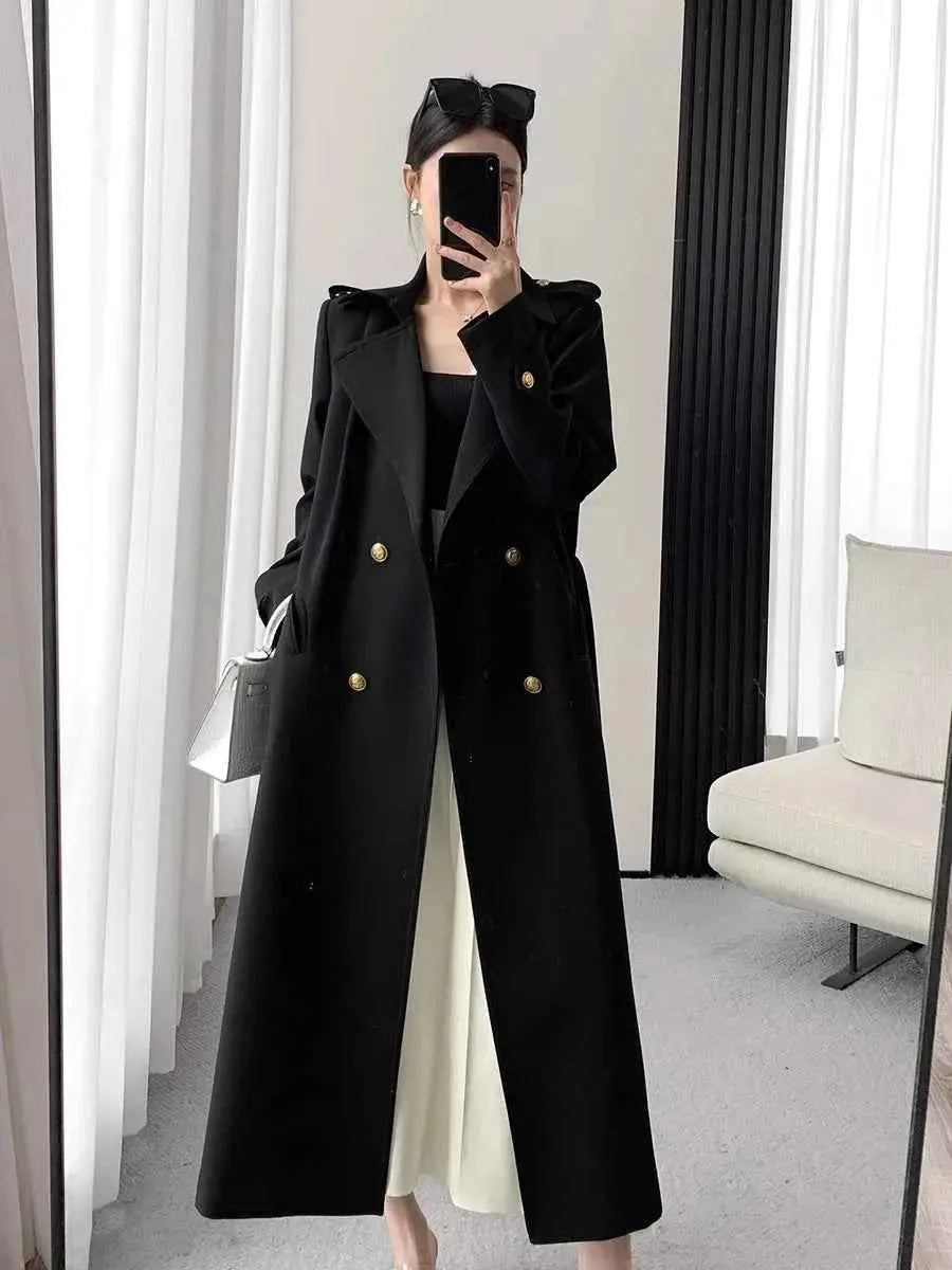 Lautaro Spring Autumn Long Black Trench Coat for Women Gold Buttons Double Breasted Elegant Chic Luxury Designer Clothes 2025