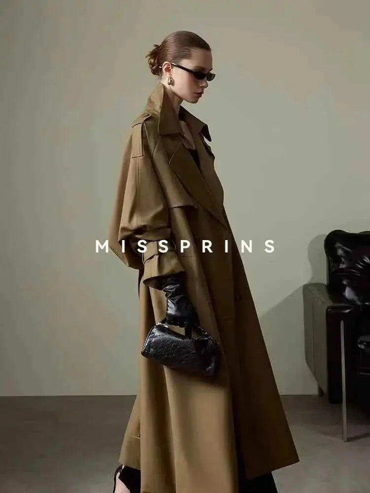 Lautaro Spring Autumn Long Khaki Trench Coat for Women Belt Double Breasted Chic Luxury Designer European Fashion Clothes 2025