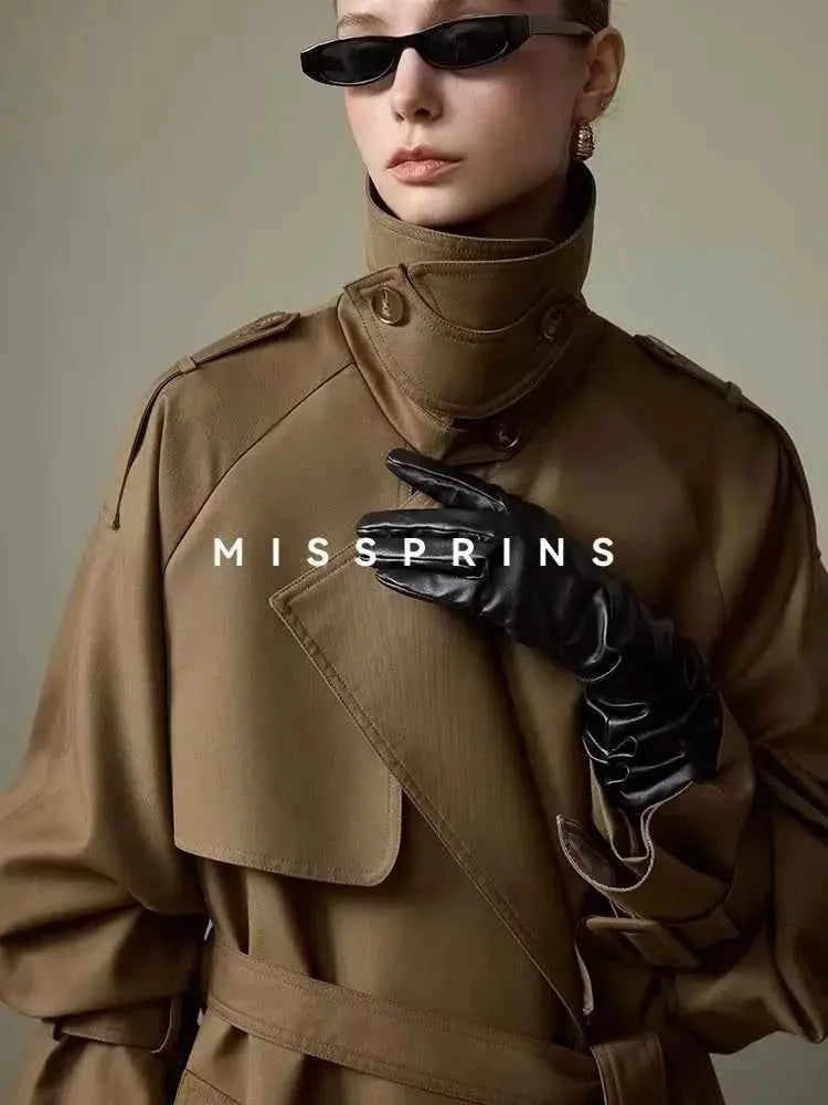 Lautaro Spring Autumn Long Khaki Trench Coat for Women Belt Double Breasted Chic Luxury Designer European Fashion Clothes 2025
