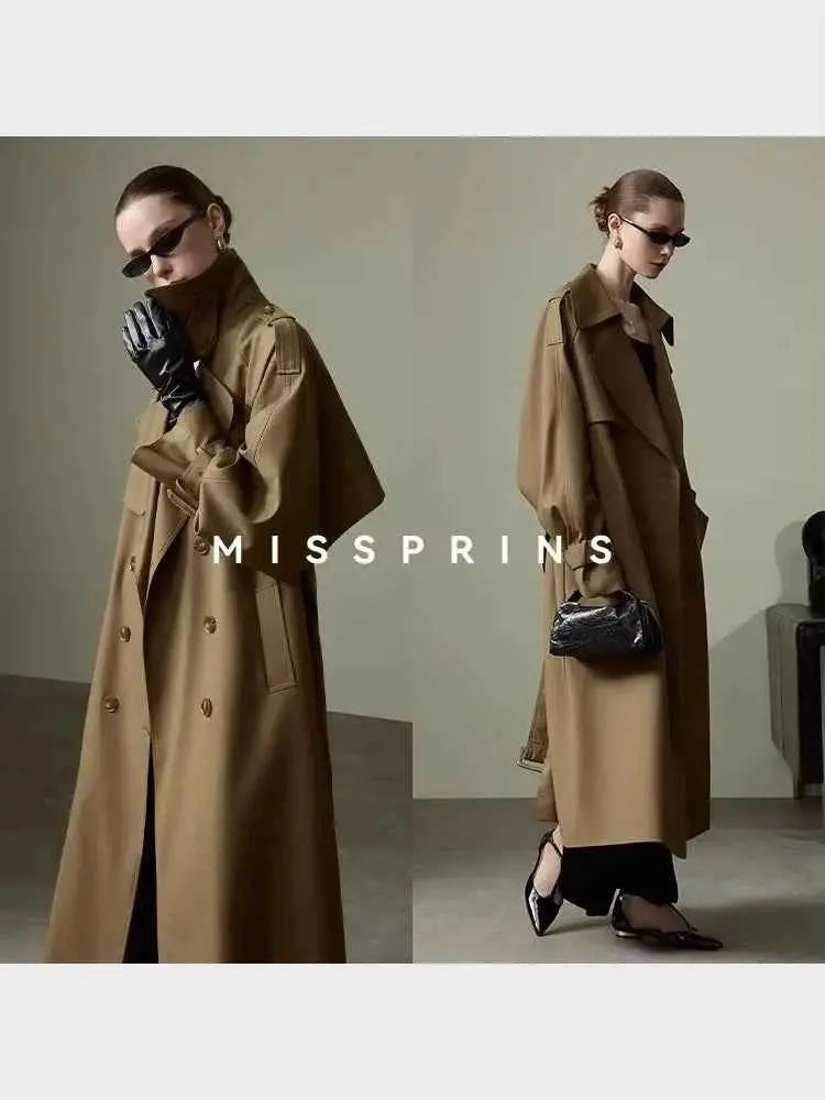Lautaro Spring Autumn Long Khaki Trench Coat for Women Belt Double Breasted Chic Luxury Designer European Fashion Clothes 2025