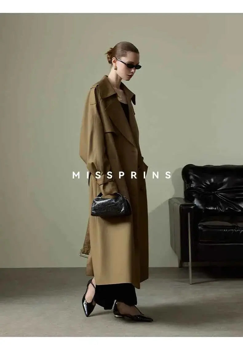 Lautaro Spring Autumn Long Khaki Trench Coat for Women Belt Double Breasted Chic Luxury Designer European Fashion Clothes 2025