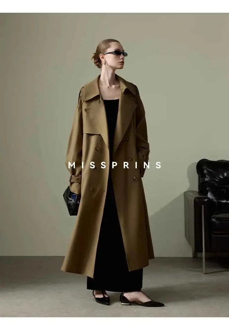 Lautaro Spring Autumn Long Khaki Trench Coat for Women Belt Double Breasted Chic Luxury Designer European Fashion Clothes 2025