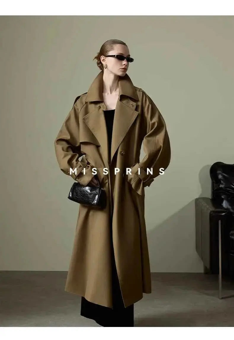 Lautaro Spring Autumn Long Khaki Trench Coat for Women Belt Double Breasted Chic Luxury Designer European Fashion Clothes 2025