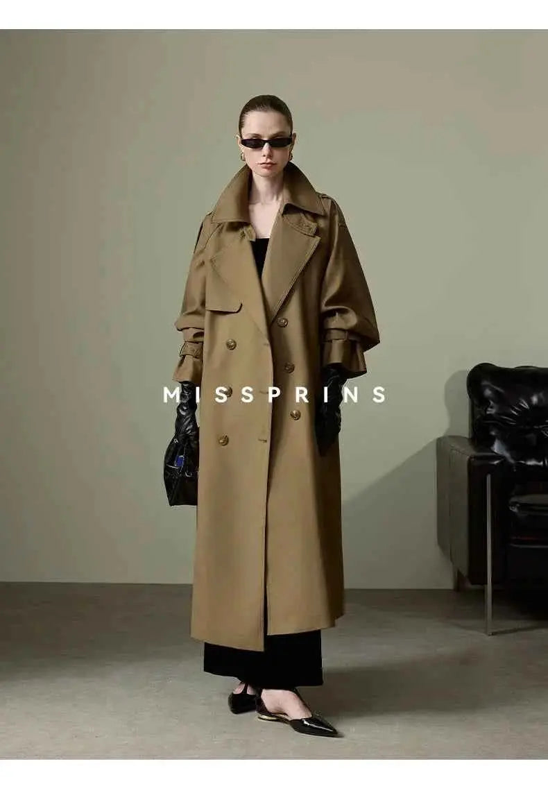 Lautaro Spring Autumn Long Khaki Trench Coat for Women Belt Double Breasted Chic Luxury Designer European Fashion Clothes 2025