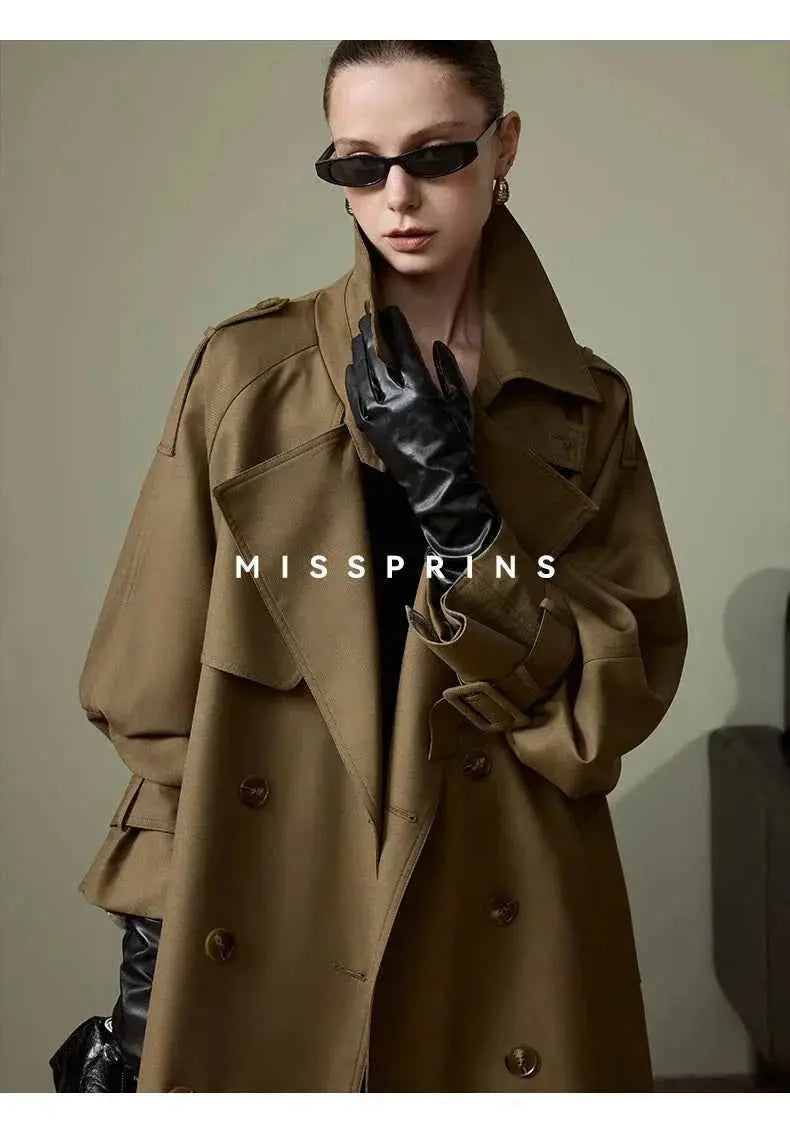 Lautaro Spring Autumn Long Khaki Trench Coat for Women Belt Double Breasted Chic Luxury Designer European Fashion Clothes 2025