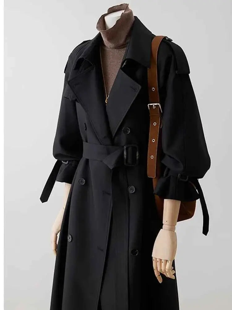 Lautaro Spring Autumn Oversized Khaki Long Trench Coat for Women Double Breasted Loose Casual Black Korean Fashion Overcoat 2025