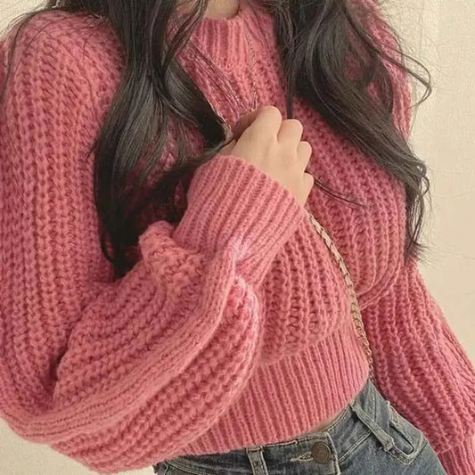 Loose Vintage Harajuku Lantern Long Sleeve Women Sweater Korean Autumn Winter Knitwear Soft Warm Tops Chic Solid Femme Sweater