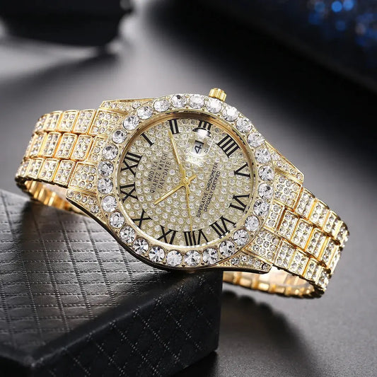 Luxury Classic Golden Men's Steel Strap Roman Scale Rhinestone Calendar Quartz Watch Fashion Male Wristwatch Relogio Masculino luxecrown.co.uk