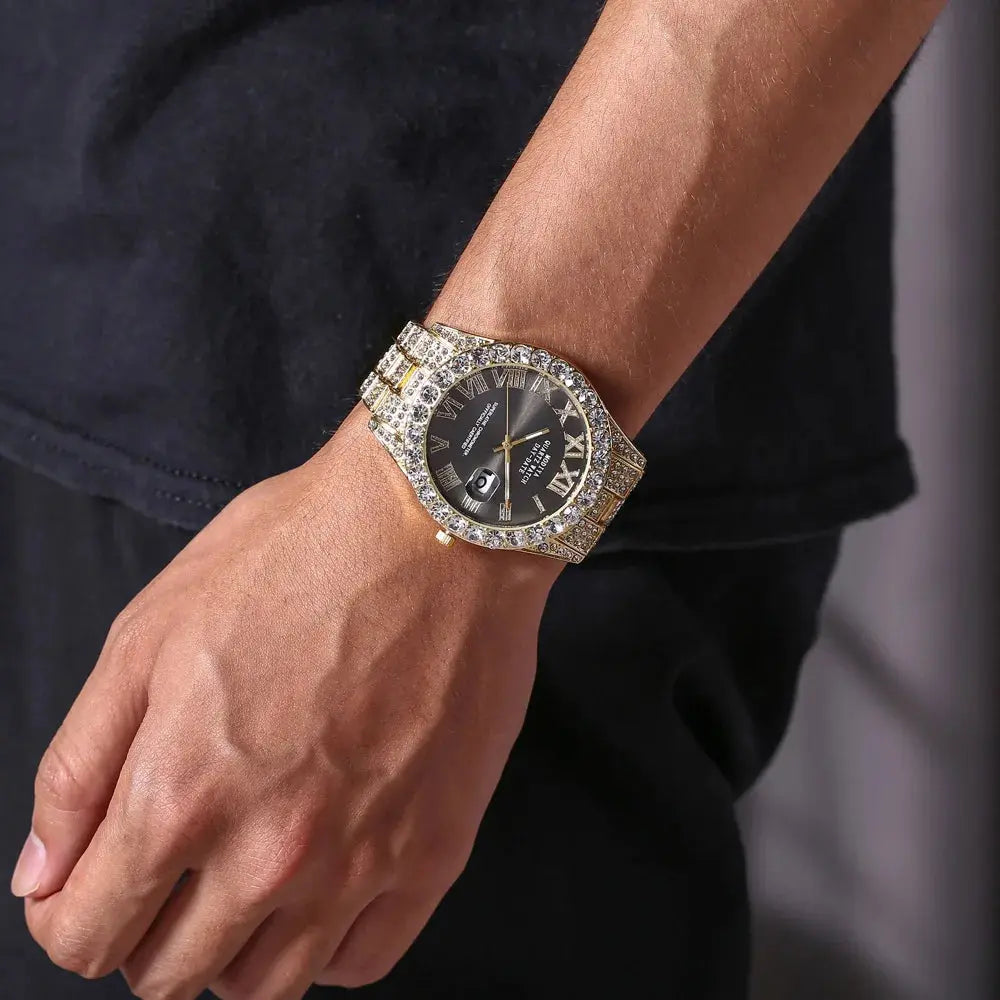 Luxury Classic Golden Men's Steel Strap Roman Scale Rhinestone Calendar Quartz Watch Fashion Male Wristwatch Relogio Masculino luxecrown.co.uk