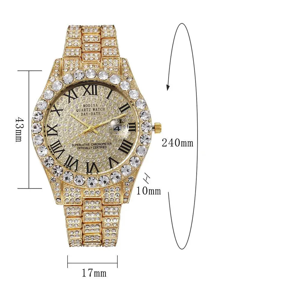 Luxury Classic Golden Men's Steel Strap Roman Scale Rhinestone Calendar Quartz Watch Fashion Male Wristwatch Relogio Masculino luxecrown.co.uk