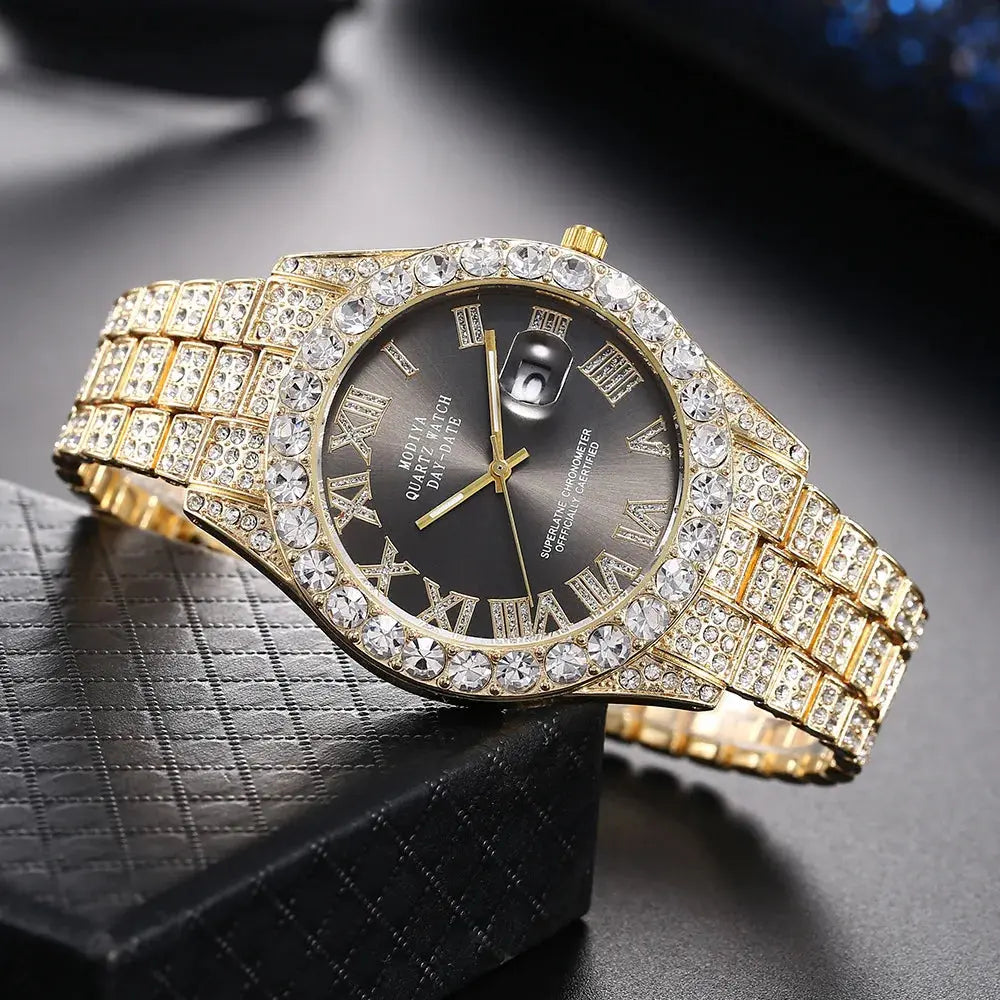 Luxury Classic Golden Men's Steel Strap Roman Scale Rhinestone Calendar Quartz Watch Fashion Male Wristwatch Relogio Masculino luxecrown.co.uk