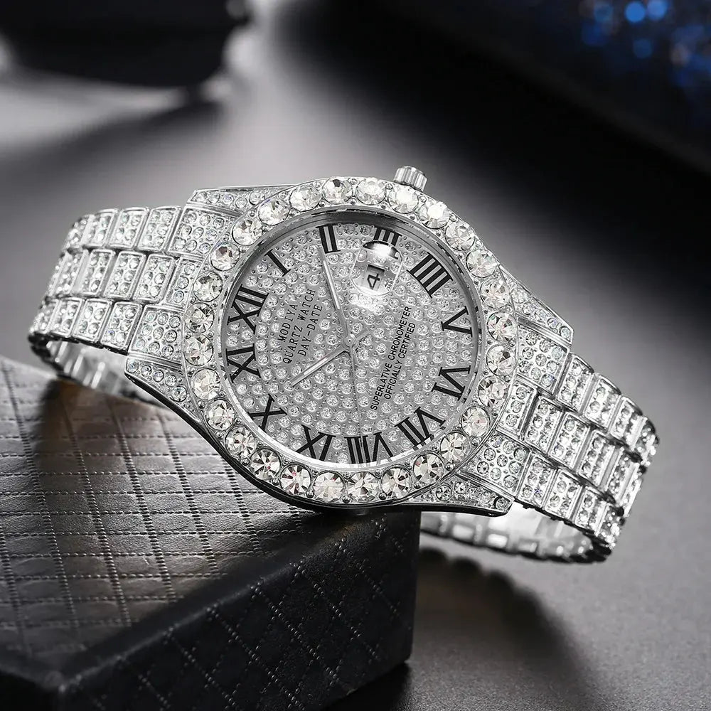 Luxury Classic Golden Men's Steel Strap Roman Scale Rhinestone Calendar Quartz Watch Fashion Male Wristwatch Relogio Masculino luxecrown.co.uk