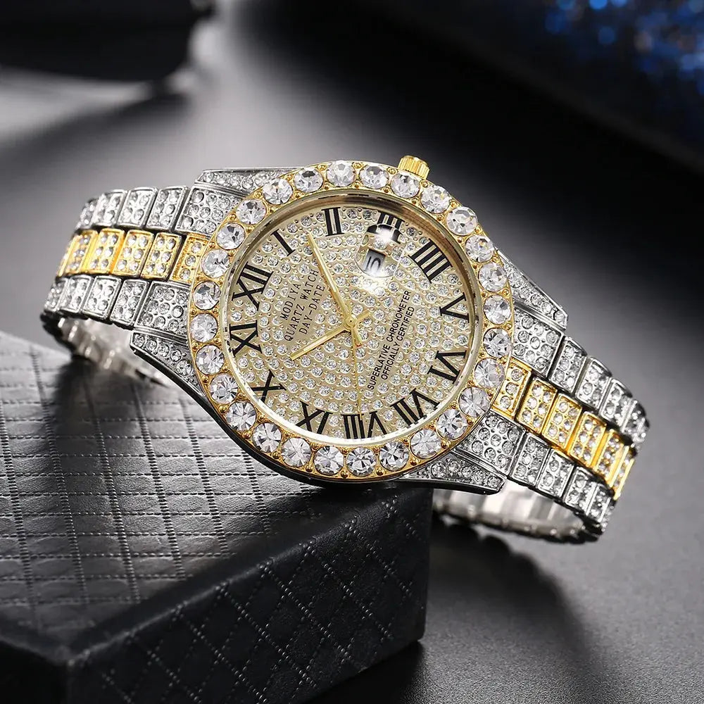 Luxury Classic Golden Men's Steel Strap Roman Scale Rhinestone Calendar Quartz Watch Fashion Male Wristwatch Relogio Masculino luxecrown.co.uk