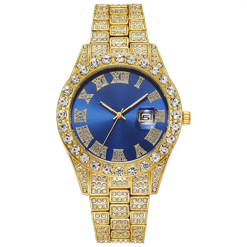 Luxury Classic Golden Men's Steel Strap Roman Scale Rhinestone Calendar Quartz Watch Fashion Male Wristwatch Relogio Masculino luxecrown.co.uk
