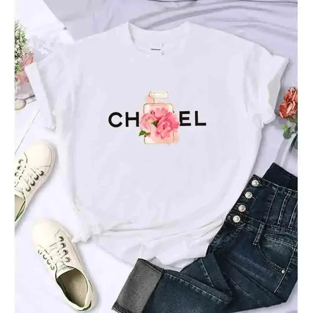 Luxury Fashion Brand Printed Women's Summer T-Shirt Alphabet Flower Perfume Shirt Pattern T-Shirt High Quality Short Sleeve Top Streetsharks