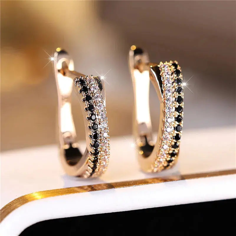 Luxury Female Black White Zircon Stone Clip Earrings Charm Gold Color Wedding Jewelry For Women luxecrown.co.uk