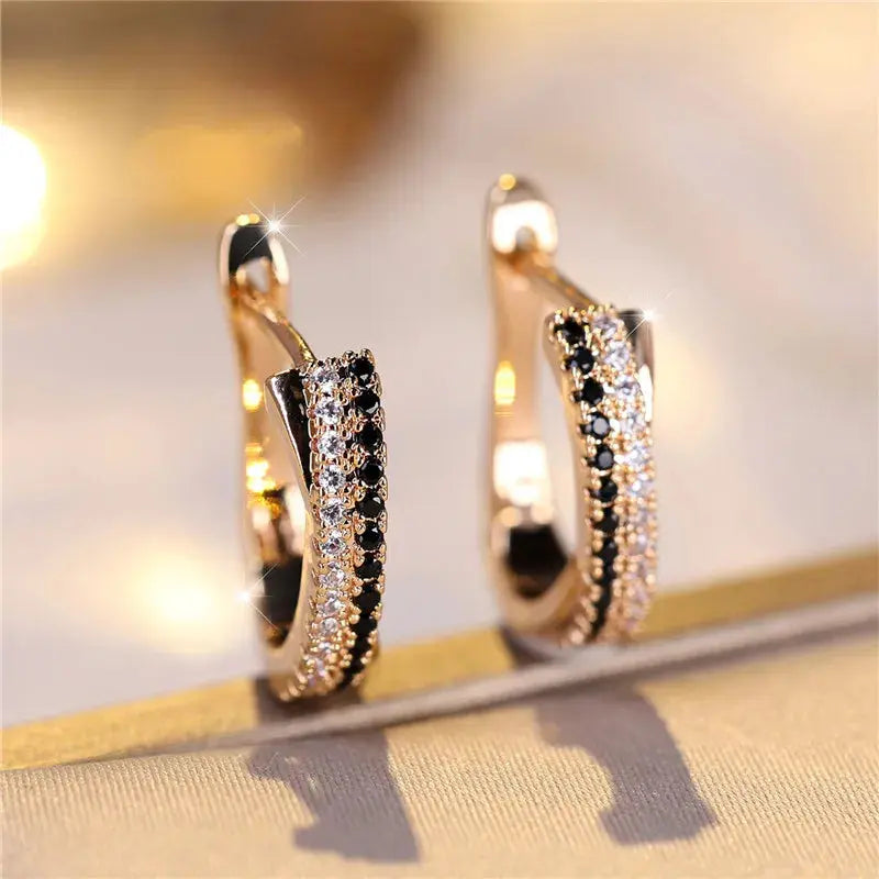 Luxury Female Black White Zircon Stone Clip Earrings Charm Gold Color Wedding Jewelry For Women luxecrown.co.uk