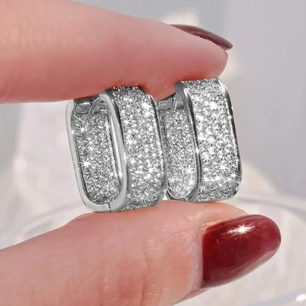 Luxury Full of Zircon Shiny Geometric Square Hoop Earrings for Women Temperament Gold Color Stainless Steel Korea Jewelry Gift Streetsharks