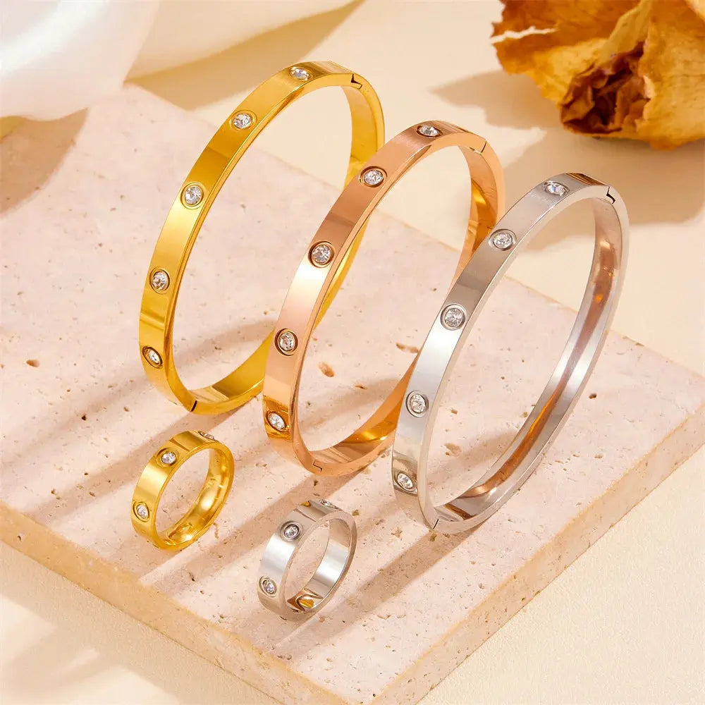 Luxury Stainless Steel Crystal Charm Bangle/Ring for Women Gold Color Non Tarnish Cuff Bracelet Jewelry Set Gift Party Streetsharks