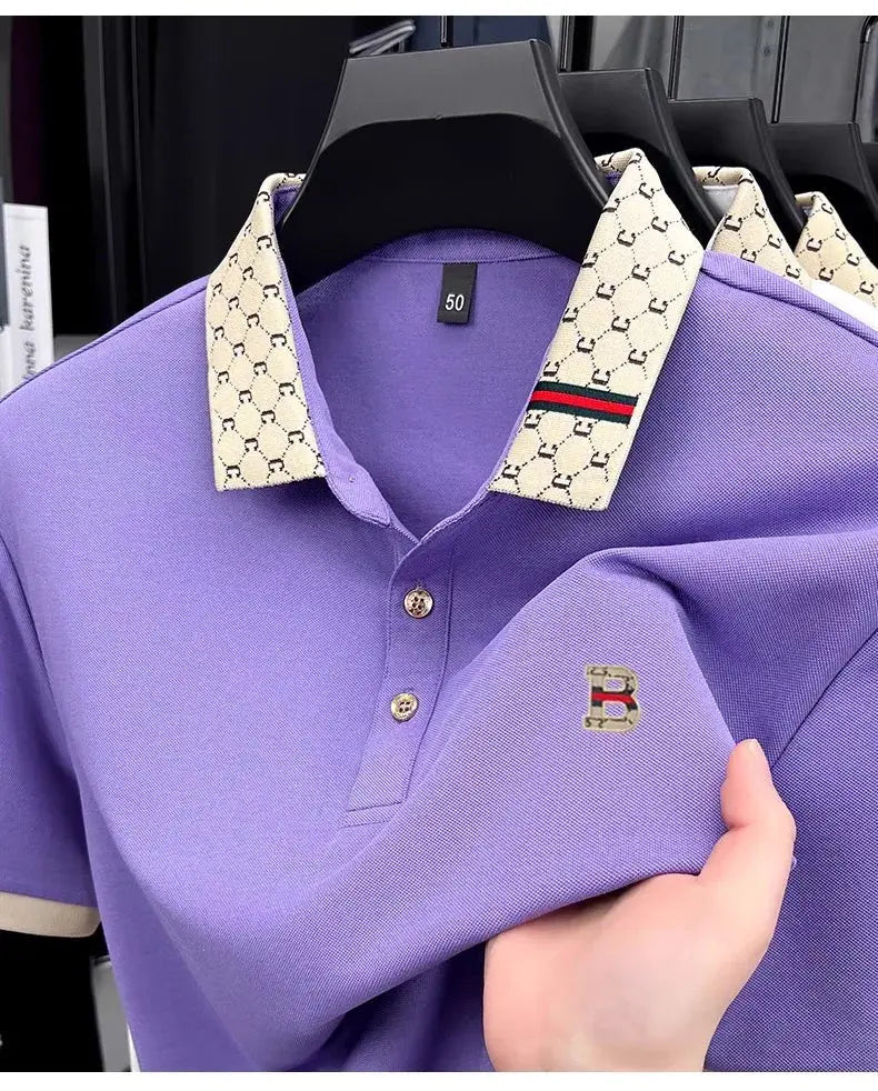 Luxury brand B letter embossed short sleeve polo shirt men summer lightweight breathable new fashion color blocked lapel T-shirt luxecrown.co.uk