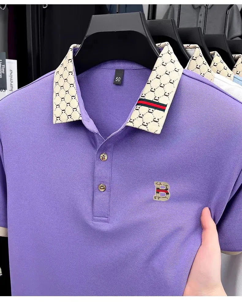 Luxury brand B letter embossed short sleeve polo shirt men summer lightweight breathable new fashion color blocked lapel T-shirt luxecrown.co.uk