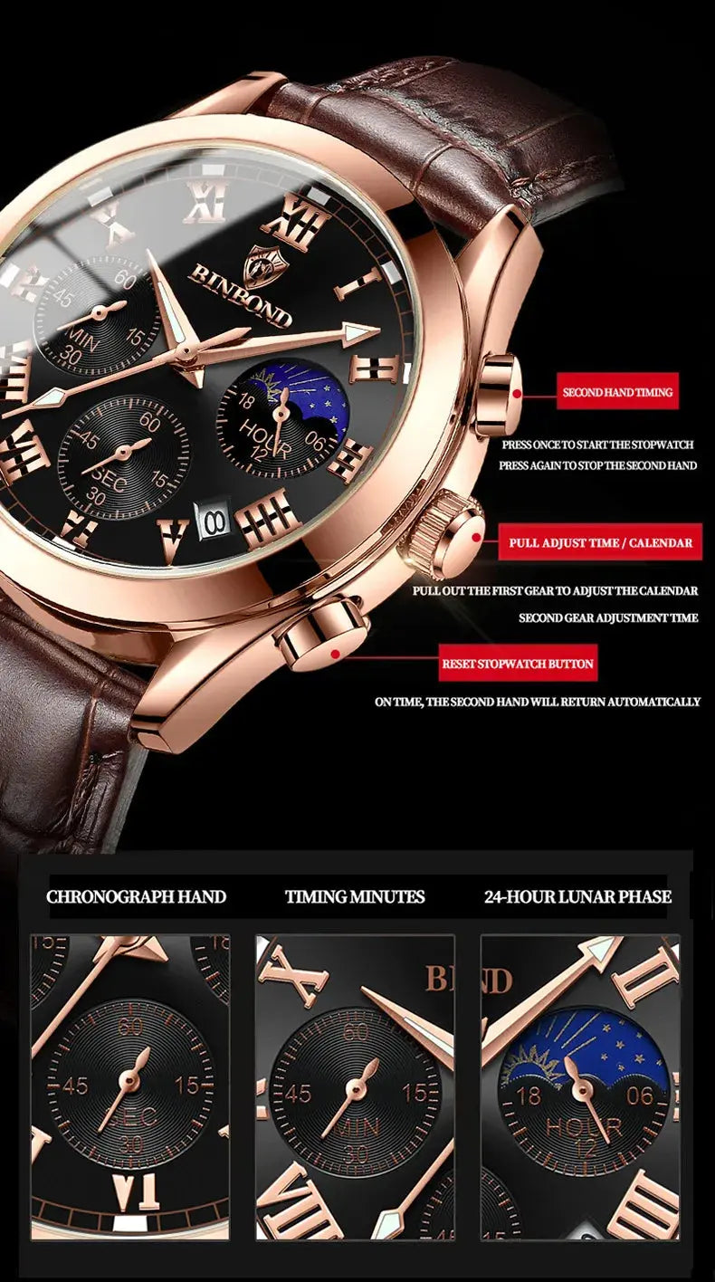 Men's Watch Multifunctional Threes Hands and Six Sub-dials Quartz Wristwatch Night Light Waterproof Business Fashion Male Clock luxecrown.co.uk
