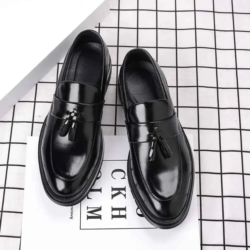 Mens Brown Genuine Leather Tassel Penny Loafers Slip On Chunky Sole Formal Dress Shoes Comfortable Non Slip For Business Office