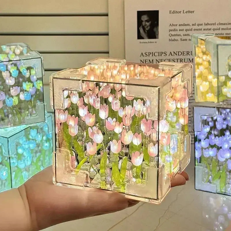 NEW Creative Diy Tulip Flower Sea Cube Three-Dimensional Small Night Lamp Material Package for Girlfriend Couple Girlfriend Gift Streetsharks