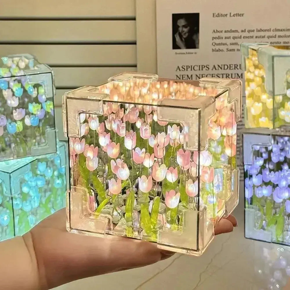NEW Creative Diy Tulip Flower Sea Cube Three-Dimensional Small Night Lamp Material Package for Girlfriend Couple Girlfriend Gift Streetsharks