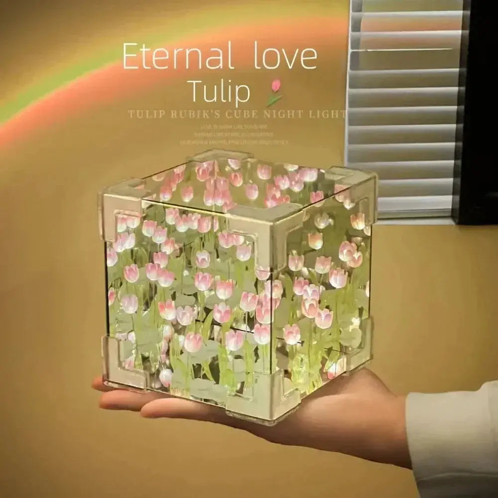 NEW Creative Diy Tulip Flower Sea Cube Three-Dimensional Small Night Lamp Material Package for Girlfriend Couple Girlfriend Gift Streetsharks