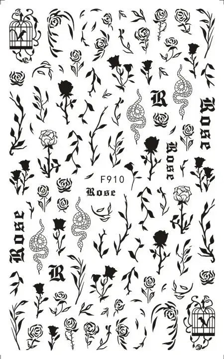 New 3D Black White Snake Leaf Nail Stickers for Nails Art Decoration Supplies Goth Rock Design Manicure Inspired Decals Sliders - Streetsharks