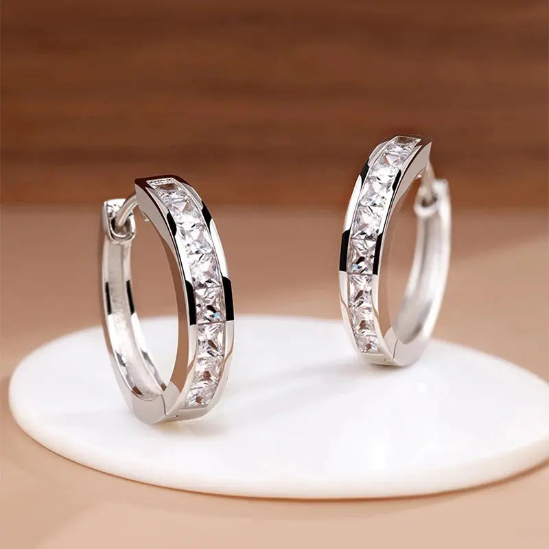 New 925 Sterling Silver Shining Zircon Earrings Women's Circle Round Earrings Fashionable and Elegant Jewelry Birthday Gift Streetsharks
