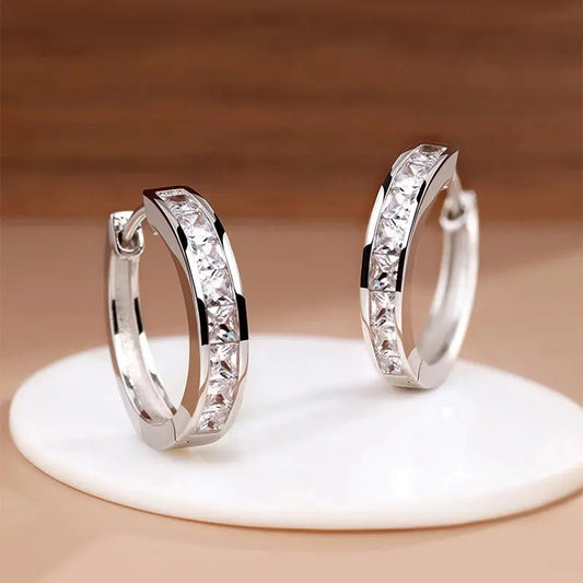 New 925 Sterling Silver Shining Zircon Earrings Women's Circle Round Earrings Fashionable and Elegant Jewelry Birthday Gift Streetsharks
