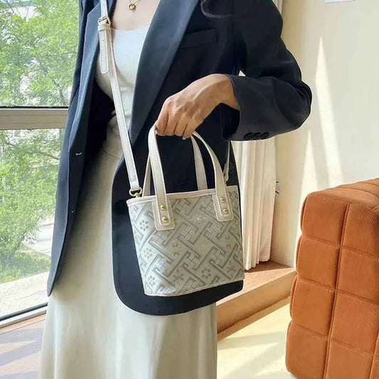 New Ethnic Style Wanji Pattern Bucket Bag Casual Crossbody Lightweight Luxury Urban Simple PU Leather Fashion Handbag