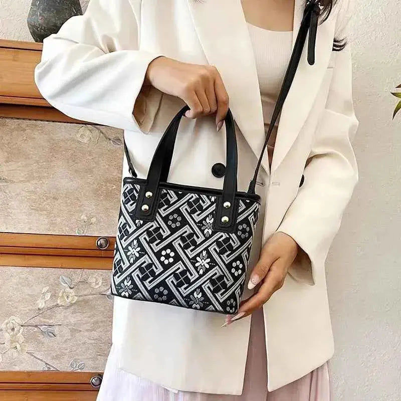 New Ethnic Style Wanji Pattern Bucket Bag Casual Crossbody Lightweight Luxury Urban Simple PU Leather Fashion Handbag