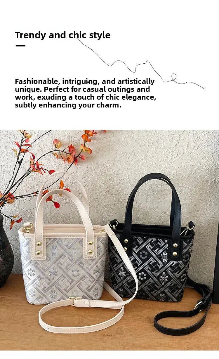 New Ethnic Style Wanji Pattern Bucket Bag Casual Crossbody Lightweight Luxury Urban Simple PU Leather Fashion Handbag luxecrown.co.uk